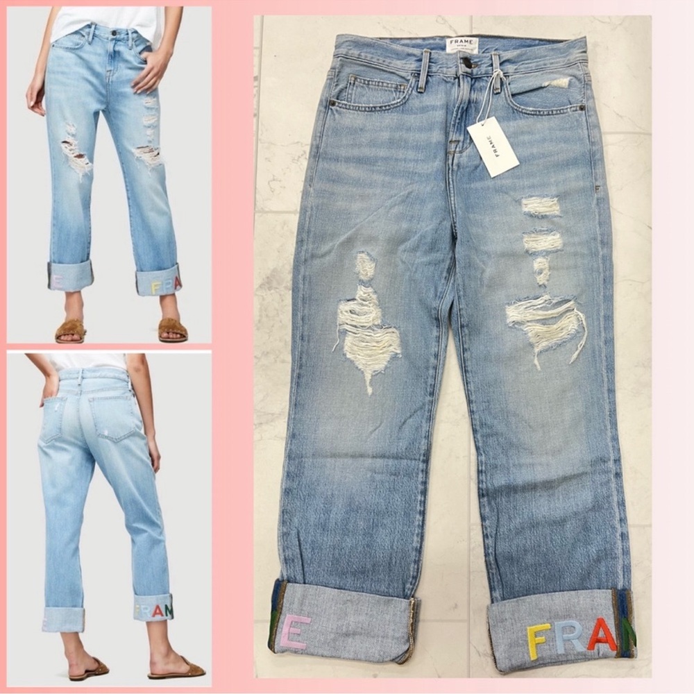 NWT Frame Denim Le Embroidery Cuff High Rise Boyfriend Jeans